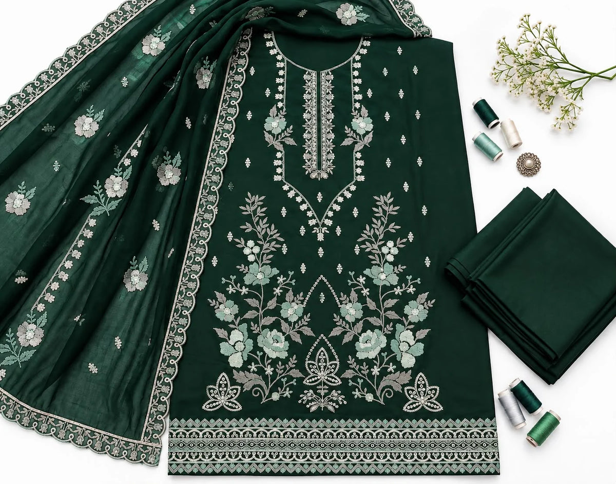 Bareeze 222 Green Heavy Embroidered Dhanak 3pc