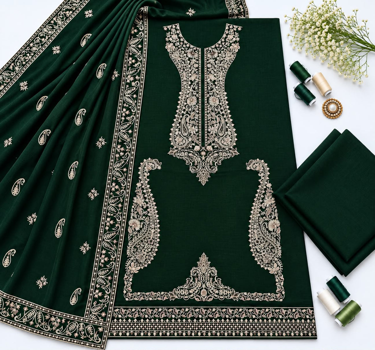 Asim Jofa D-288 Green Heavy Embroidered Dhanak 3pc - Unstitched