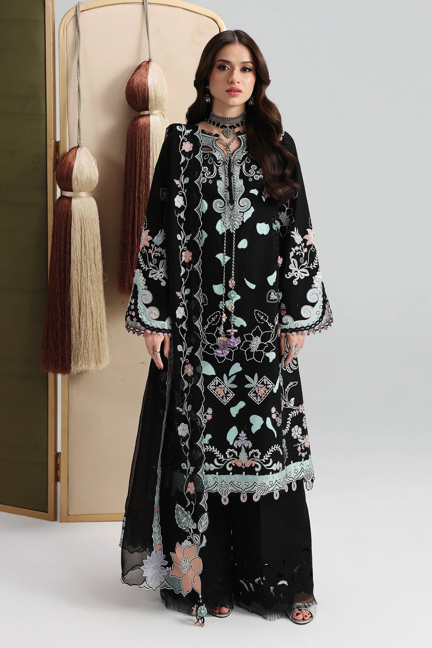 Qalamkar 201 Black Heavy Embroidered -3PC Unstitched