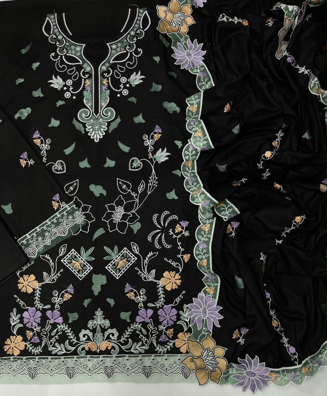 Qalamkar 201 Black Heavy Embroidered -3PC Unstitched
