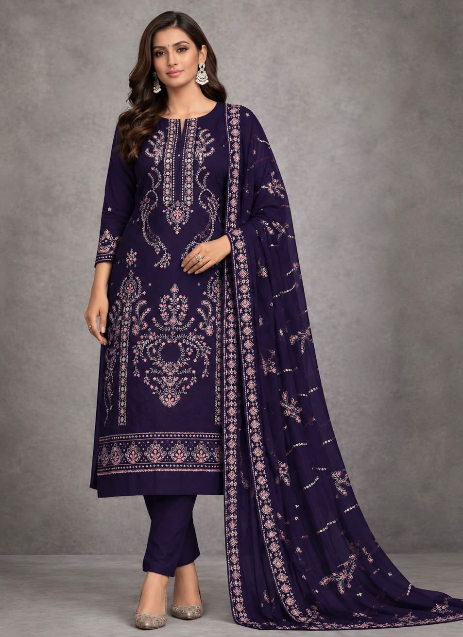 Gul Ahmed 202 Plumn Heavy Embroidered Dhanak 3PC- Unstitched