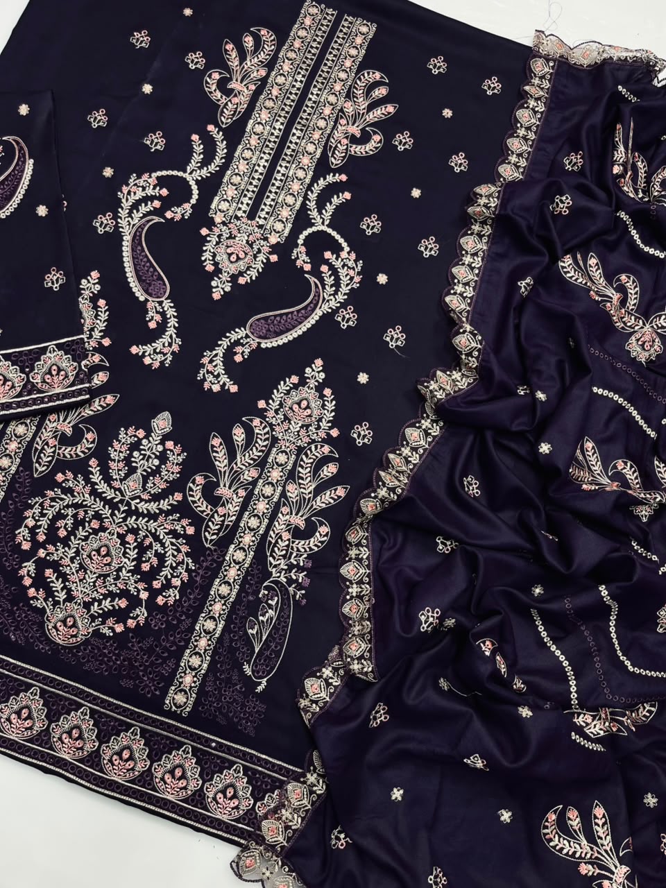 Gul Ahmed 202 Plumn Heavy Embroidered Dhanak 3PC- Unstitched