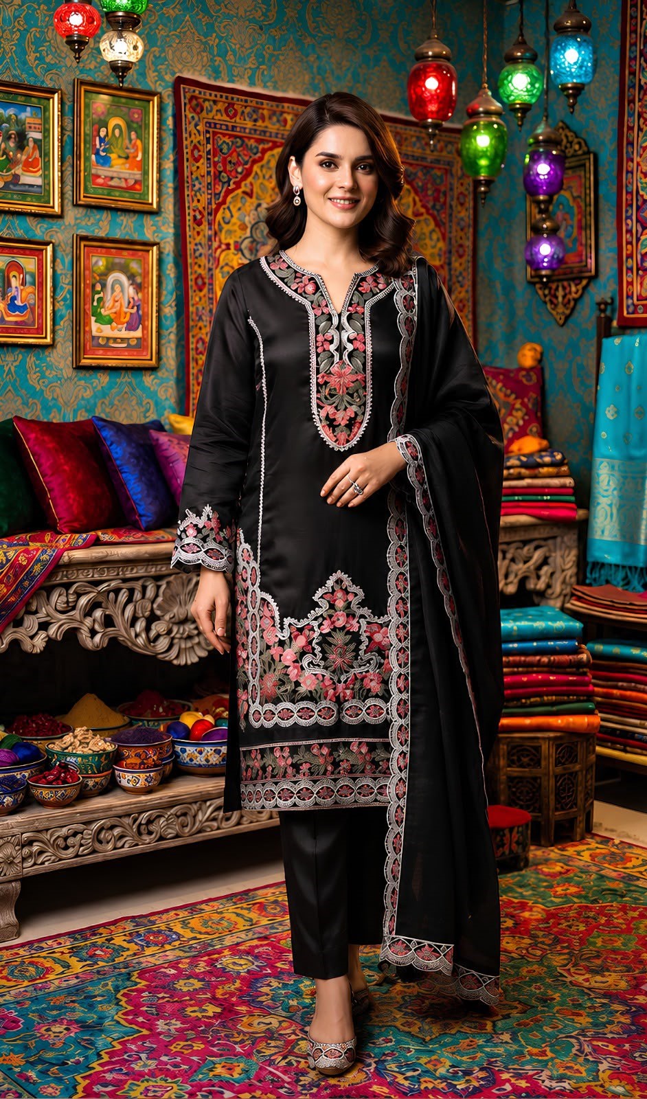 Crimson 208 Black- Heavy Embroidered 3pc- Unstitched