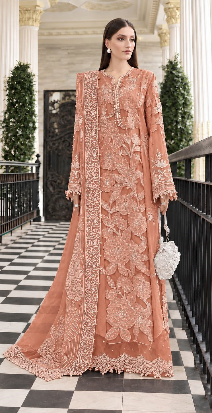 Maria B 213 Peach Heavy Embroidered Dhanak 3pc - Unstitched