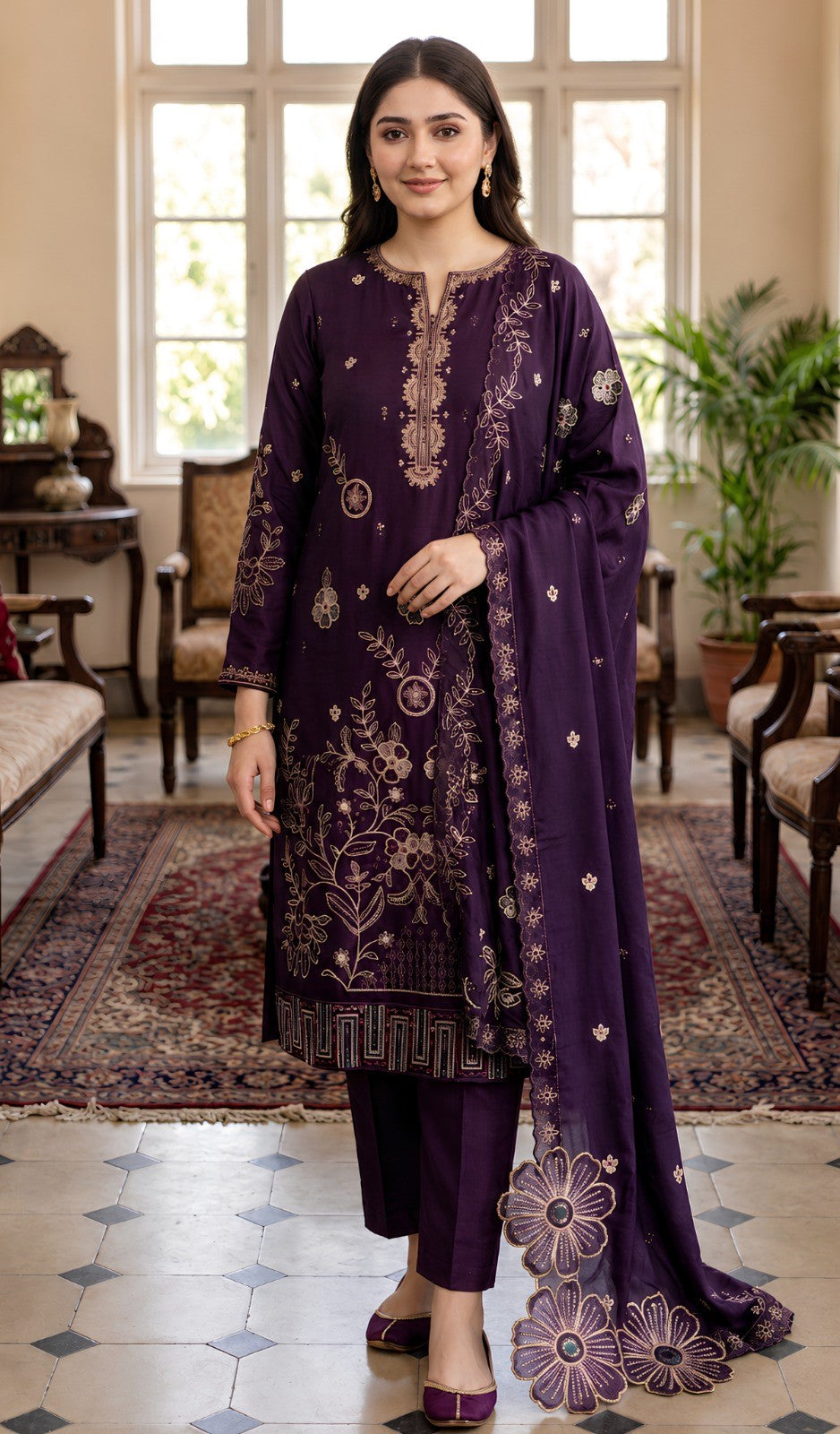 Motifz 219 Heavy Embroidered Dhanak 3PC -Unstitched