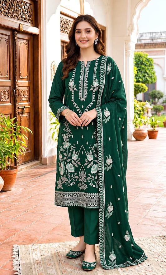 Bareeze 222 Green Heavy Embroidered Dhanak 3pc