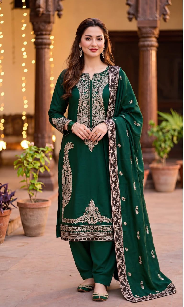 Asim Jofa D-288 Green Heavy Embroidered Dhanak 3pc - Unstitched
