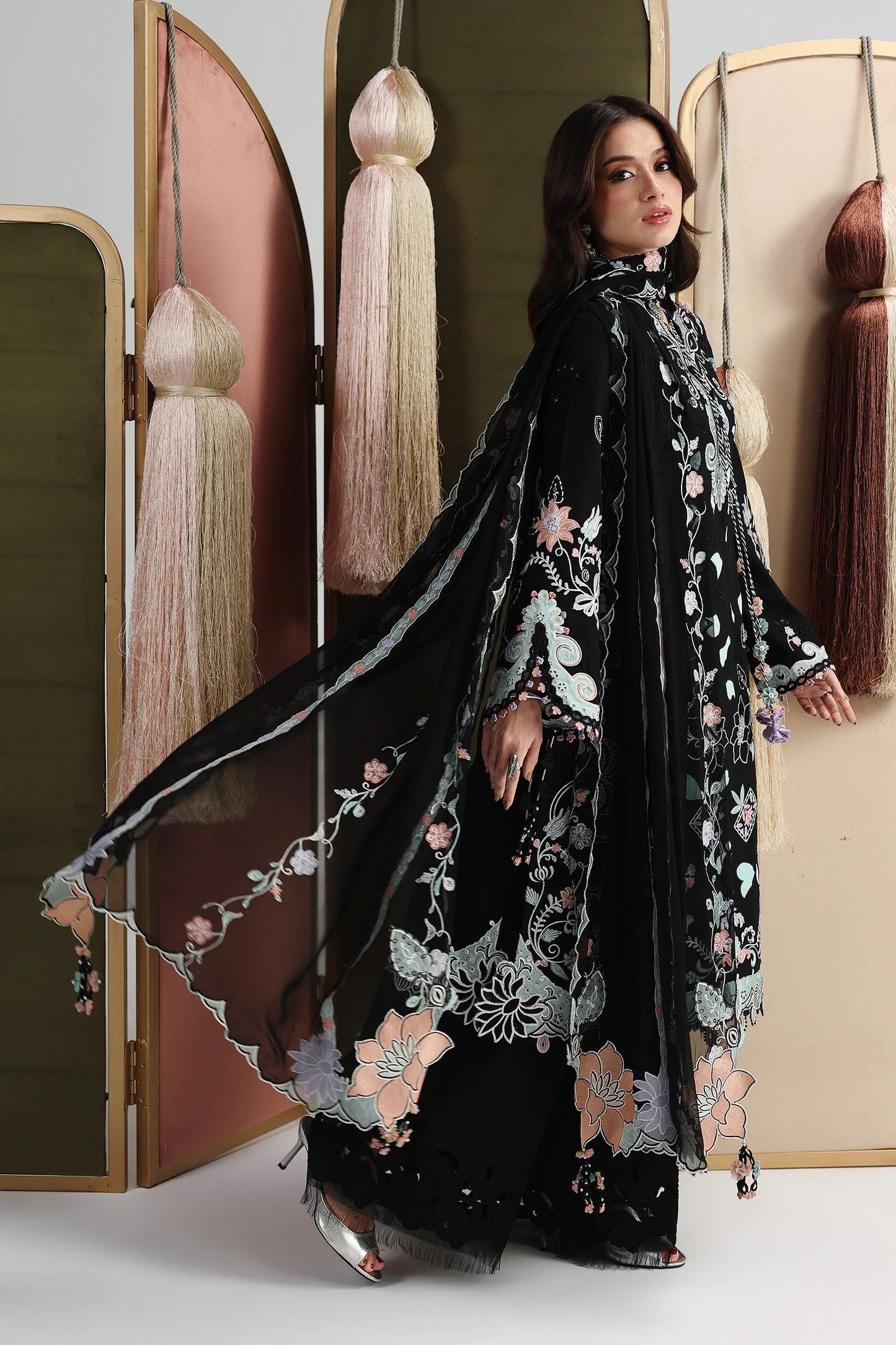 Qalamkar 201 Black Heavy Embroidered -3PC Unstitched